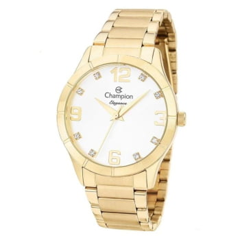 Kit Relógio Champion Elegance Feminino Dourado Visor Prata com Cristais Á Prova d'água CN26055W