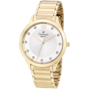 Kit Relógio Champion Elegance Feminino Dourado Visor Prata Texturizado com Cristais mais Bolsa Clutch á Prova D'água CN25903G