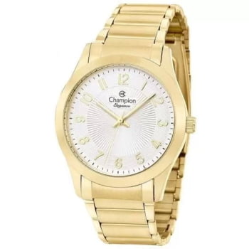 Kit Relógio Champion Elegance Feminino Dourado Visor Prateado Todo Numerado Á Prova d'água CN25109W