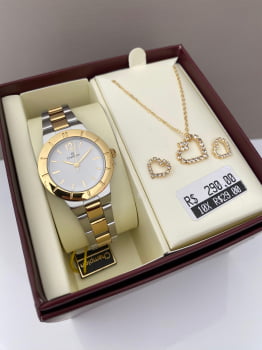 Kit Relógio Champion Feminino Bicolor Dourado e Prateado Visor Branco Pequeno Á Prova d'água CN28348C 