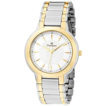 Kit Relógio Champion Feminino Bicolor Dourado e Prateado Visor Branco Texturizado Á Prova d'água CN20391Y