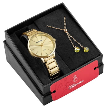 Kit Relógio Mondaine Feminino Dourado Visor Champanhe com Cristais Á Prova d'água 32499LPMKDE1