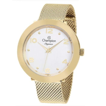 Kit Relógio Champion Elegance Feminino Dourado com Pulseira Milanesa Visor Branco Á Prova d'água CN24511W