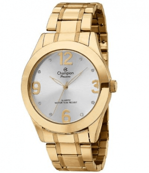 Kit Relógio Champion Passion Feminino Dourado Visor Branco com Cristais Á Prova d'água CH24268D