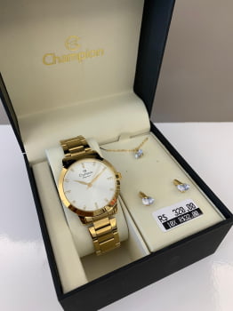 Kit Relógio Champion Feminino Dourado com Pedras Presente CN25261W