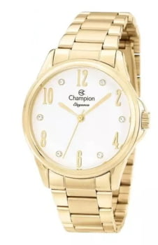 Kit Relógio Champion Elegance Feminino Dourado com Cristais Visor Branco Á Prova d'água CN26242W