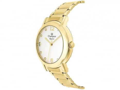 Kit Relógio Champion Elegance Feminino Dourado com Cristais Visor Branco Á Prova d'água CN25654W