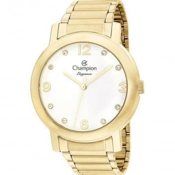 Kit Relógio Champion Elegance Feminino Dourado Visor Branco com Cristais Á Prova d'água CN25654W