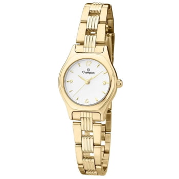 Kit Relógio Champion Feminino Dourado Pequeno Visor Branco á Prova D'água CH29950W