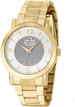 Kit Relógio Champion Elegance Feminino Dourado com Glitter a prova d'água CN25136W