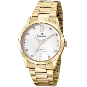 Kit Relógio Champion Feminino Dourado Visor Branco com Cristais mais Bolsa Clutch á Prova D'água CN29061G