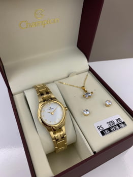 Kit Relógio Champion Feminino Dourado Visor Branco com Numeração Completa Presente á Prova D'água CH24802W