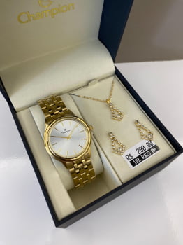 Kit Relógio Champion Feminino Dourado Visor Minimalista Prateado Á Prova d'água CN20435W