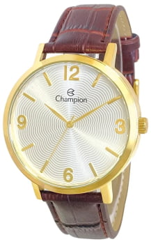 Kit Relógio Champion Feminino Dourado Visor Prata Texturizado Pulseira em Couro á Prova D'água CN20917C