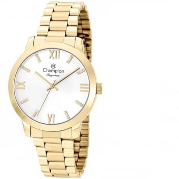 Kit Relógio Champion Elegance Feminino Dourado Minimalista Números Romanos Á prova d'água CN25163W