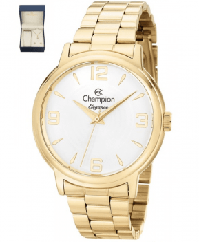 Kit Relógio Champion Elegance Feminino Dourado Visor Texturizado Prateado Á Prova d'água CN26126W