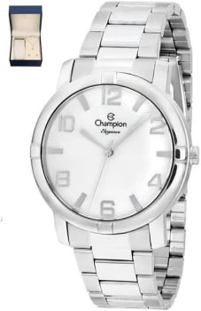 Kit Relógio Champion Elegance Feminino Prateado Visor Branco Texturizado á Prova D'água CN25181I