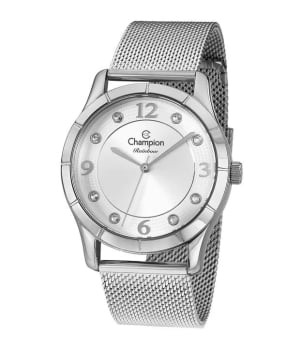 Kit Relógio Champion Rainbow Feminino Prateado com Cristais Pulseira Milanesa Presente á Prova D'água CN29910Y