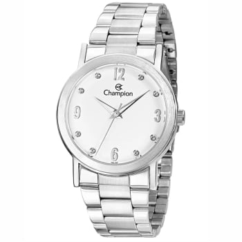Kit Relógio Champion Feminino Prateado Visor Branco com Cristais a prova d'água CN29025D