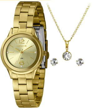 Kit Relógio Classic Lince Feminino Dourado Mostrador Champanhe Com Cristais Á Prova D'água LRGH166L30