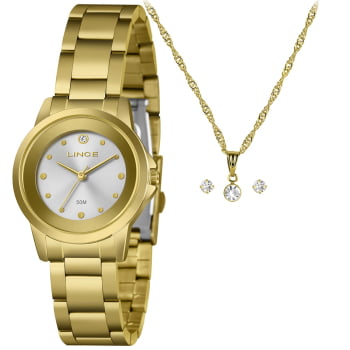 Kit Relógio Classic Lince Feminino Dourado Mostrador Prata Com Cristal Á Prova D'água LRG4845L32