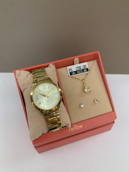 Kit Relógio Condor Feminino Dourado Mostrador Branco Á Prova D'água CO2035MZT/K4X Kit Relógio Condor Feminino Dourado Mostrador Branco Á Prova D'água CO2035MZT/K4X