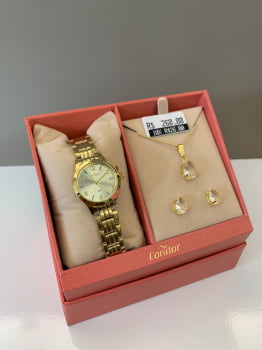 Kit Relógio Condor Feminino Dourado Mostrador Champanhe Á Prova D'água CO2035NFZ/K4X
