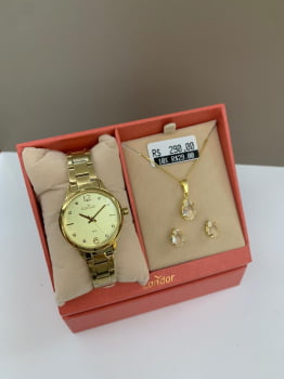 Kit Relógio Condor Feminino Dourado Mostrador Champanhe Á Prova D'água CO2035NZR/K4X