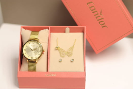 Kit Relógio Condor Feminino Dourado Mostrador Champanhe com Borboletas e Flores Pulseira Milanese Á Prova D'água CO2034AI/K4X