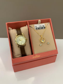 Kit Relógio Condor Feminino Dourado Mostrador Champanhe com Cristais Pulseira em Couro Marrom Á Prova D'água CO2035NHN/K5X