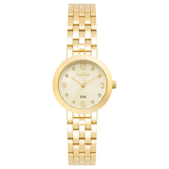 Kit Relógio Condor Feminino Dourado Mostrador Champanhe com Cristais Á Prova D'água CO2035NWZ/K4D