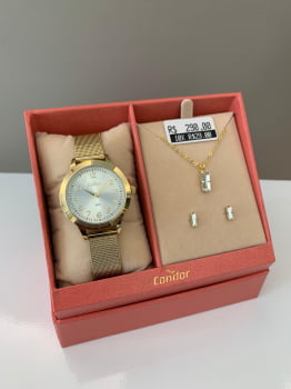 Kit Relógio Condor Feminino Dourado Mostrador Prateado Todo Numerado Pulseira Milanese Á Prova D'água CO2035NFW/K4X