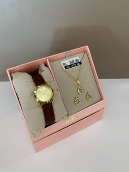 Kit Relógio Condor Feminino Dourado Mostrador Dourado Pulseira de Couro Á Prova D'água CO2035NMB/K5M