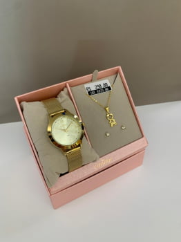 Kit Relógio Condor Feminino Dourado Mostrador Dourado Todo Numerado Pulseira Milanese Á Prova D'água CO2035NFW/K4X Kit Relógio Condor Feminino Dourado Mostrador Dourado Todo Numerado Pulseira Milanese Á Prova D'água CO2035NFW/K4X