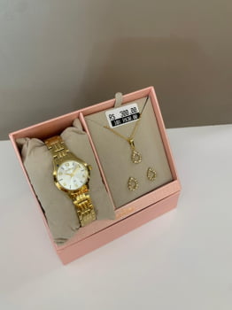 Kit Relógio Condor Feminino Dourado Mostrador Prata Á Prova D'água CO2035NFZ/K4K