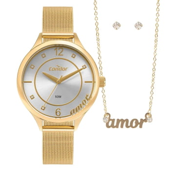 Kit Relógio Condor Feminino Dourado Mostrador Prata com Cristais Pulseira Milanese Á Prova D'água CO2035NDE/K4K Kit Relógio Condor Feminino Dourado Mostrador Prata com Cristais Pulseira Milanese Á Prova D'água CO2035NDE/K4K