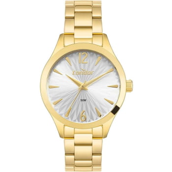 Kit Relógio Condor Feminino Dourado Mostrador Prateado Á Prova D'água CO2035NIC/K4K