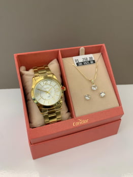 Kit Relógio Condor Feminino Dourado Mostrador Prateado Á Prova D'água CO2035NLD/K4K