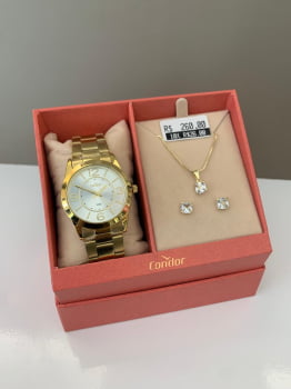 Kit Relógio Condor Feminino Dourado Mostrador Prateado Á Prova D'água CO2035NLD/K4K