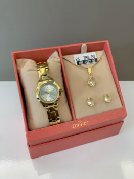 Kit Relógio Condor Feminino Dourado Mostrador Prateado com Cristais Á Prova D'água CO2035NNZ/K4K