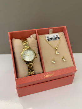 Kit Relógio Condor Feminino Dourado Mostrador Prateado com Cristais Á Prova D'água CO2035NWM/K4K