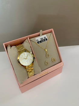 Kit Relógio Condor Feminino Dourado Mostrador Prateado com Numeração completa Á Prova D'água CO2035NJF/K4K Kit Relógio Condor Feminino Dourado Mostrador Prateado com Numeração completa Á Prova D'água CO2035NJF/K4K