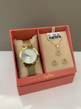 Kit Relógio Condor Feminino Dourado Mostrador Prateado Pulseira Milanese Á Prova D'água CO2035NLK/K4K