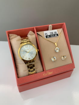 Kit Relógio Condor Feminino Dourado Mostrador Prateado Á Prova D'água CO2035NIV/K4K