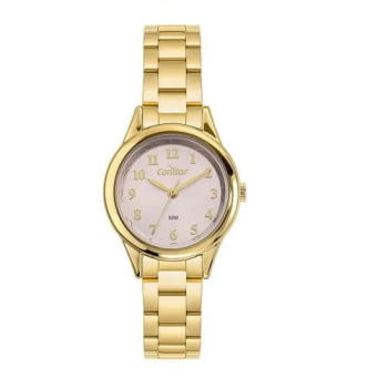 Kit Relógio Condor Feminino Dourado Mostrador Rosa Todo Numerado Á Prova D'água CO2035OAH/K4T