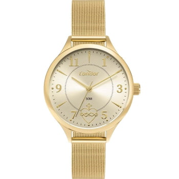Kit Relógio Condor Feminino Dourado Visor Champanhe Pulseira Milanese Á Prova D'água CO2035NIZ/K4X