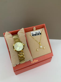 Kit Relógio Condor Feminino Dourado Visor Dourado com Cristais Á Prova D'água CO2035NNV/K4X