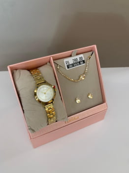 Kit Relógio Condor Feminino Dourado Visor Prata Á Prova D'água CO2035NPG-K4K Kit Relógio Condor Feminino Dourado Visor Prata Á Prova D'água CO2035NPG-K4K