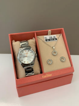 Kit Relógio Condor Feminino Prateado Mostrador com Corações Á Prova D'água CO2035NBF/K4K