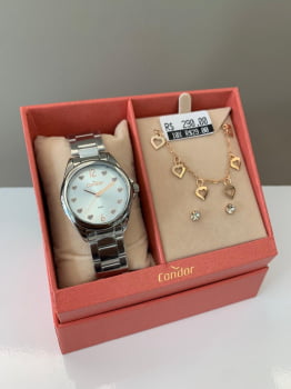 Kit Relógio Condor Feminino Prateado Mostrador com Corações Á Prova D'água CO2035NBF/K4K